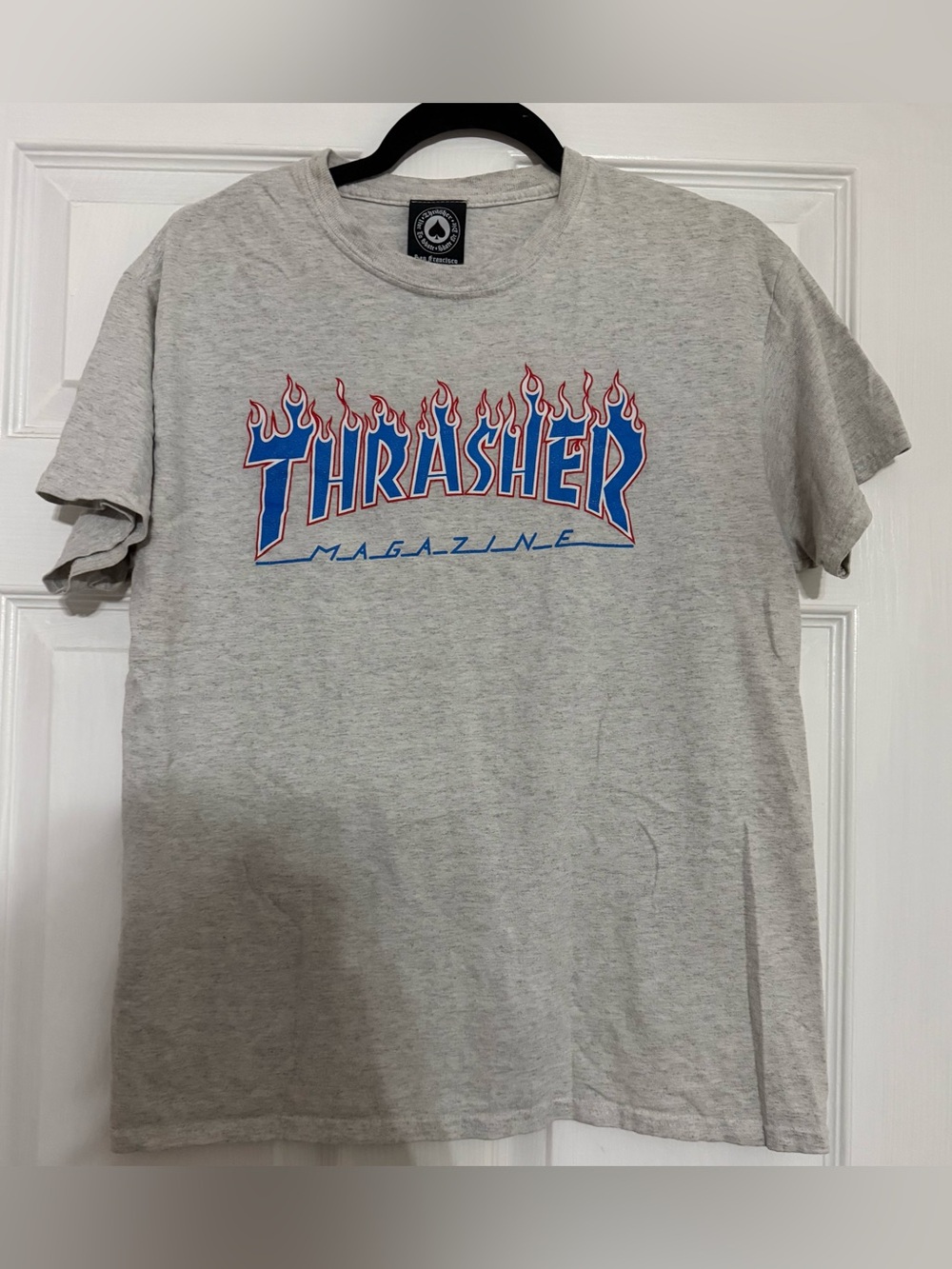 Thrasher Light Grey Tee with Blue and Red Flame Logo